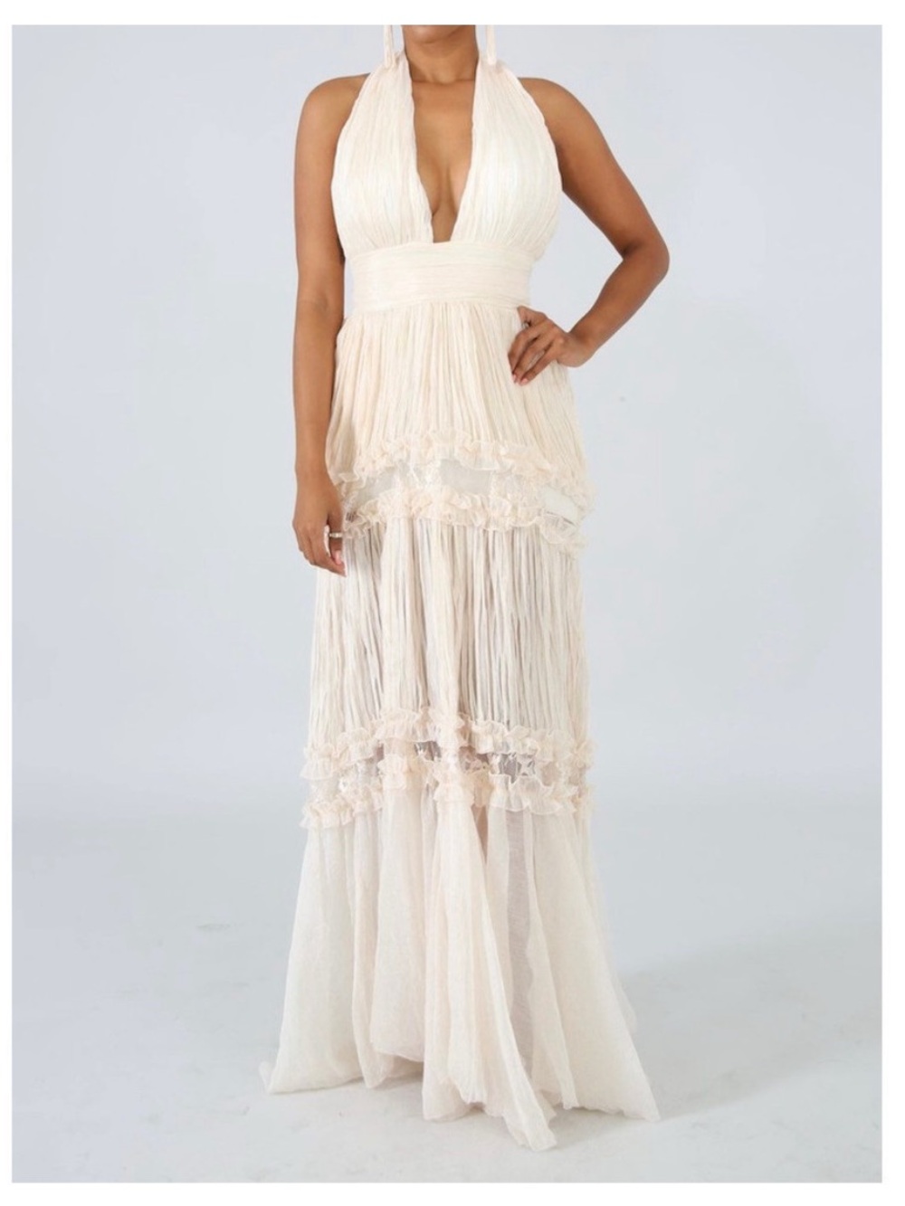 Luxxel ivory cream lace chiffon tiered deep v-neck halter maxi dress S